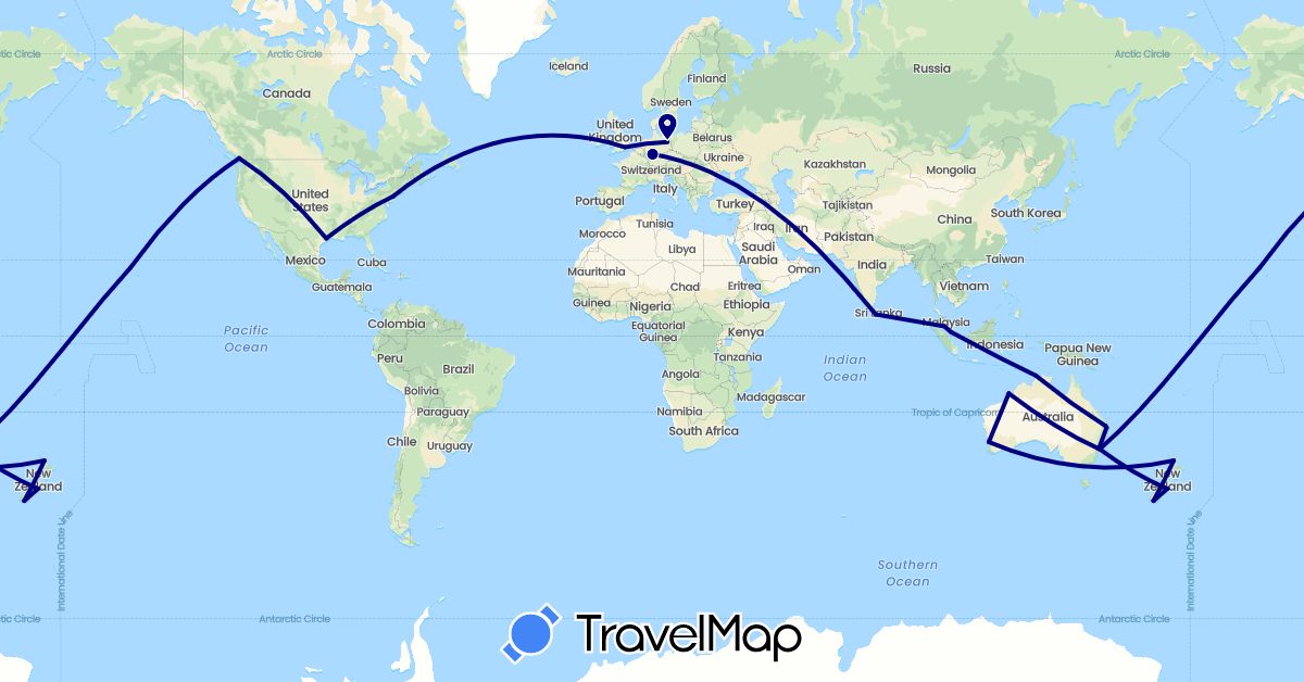 TravelMap itinerary: driving in Australia, Canada, Germany, United Kingdom, Sri Lanka, Malaysia, New Zealand, Singapore, United States (Asia, Europe, North America, Oceania)